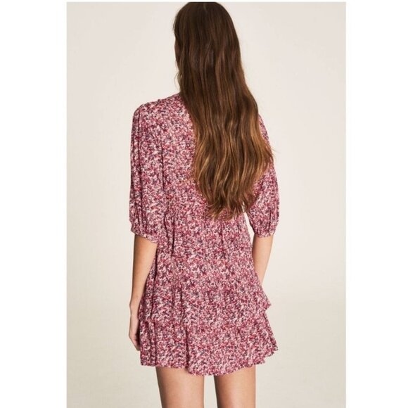BA&SH Nina Tiered Printed Crepe Mini Dress / Small / Fuschia - Picture 4 of 11
